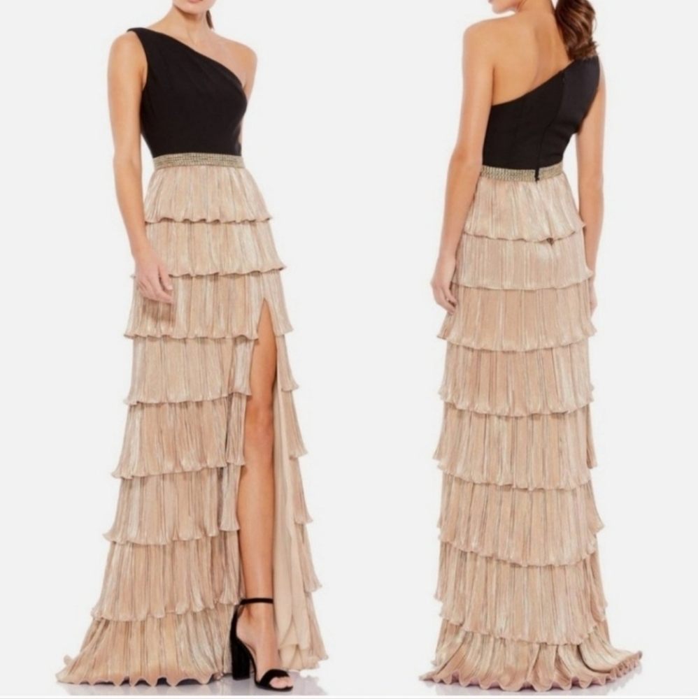 Mac Duggal Ieena Mixed-Media Tiered A-Line One-Shoulder Gown Size 12